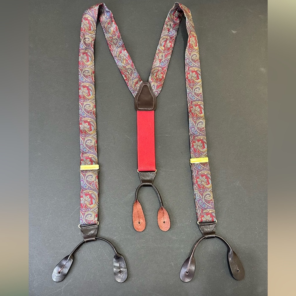 🌟HP🌟VTG 1980s CAS West Germany Red Paisley Silk & Brown Leather Suspenders